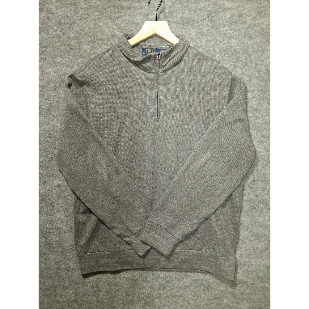 Polo Ralph Lauren Mens Quarter Zip Pullover Sweater Gray Knit Herringbone L